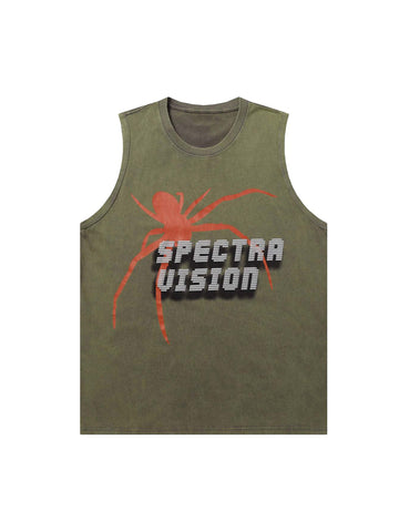 Washed Distressed Spider Letter Print Tank Top