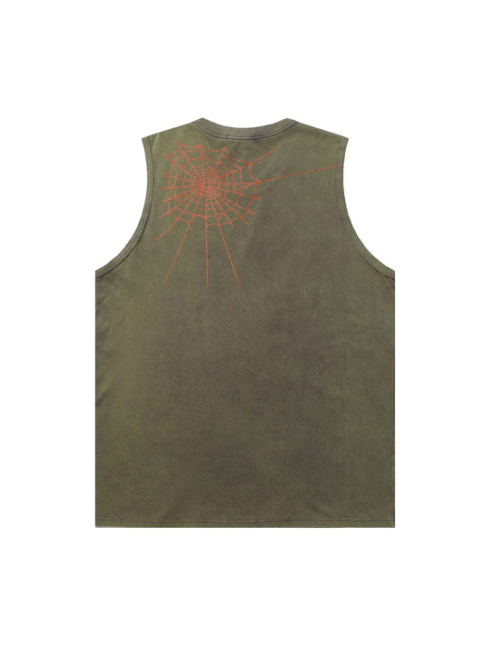 Washed Distressed Spider Letter Print Tank Top