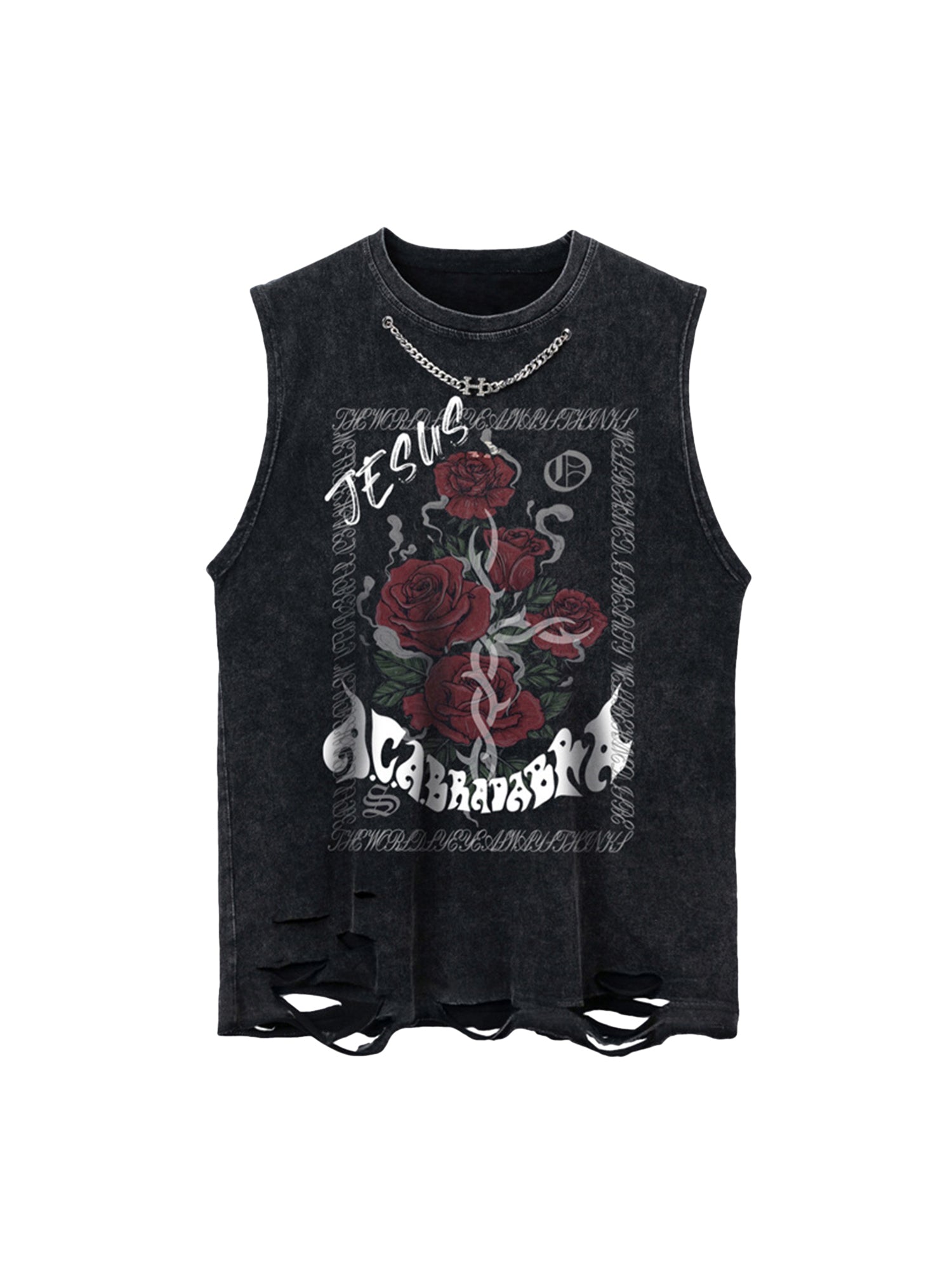 Thesupermade Metal Embellished Rose Washed Distressed Tank Top