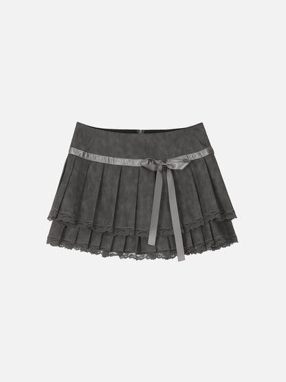 Lace Wrinkle Faux Leather Skirt