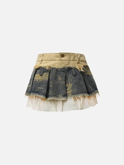 Fringe Patchwork Denim Skirt