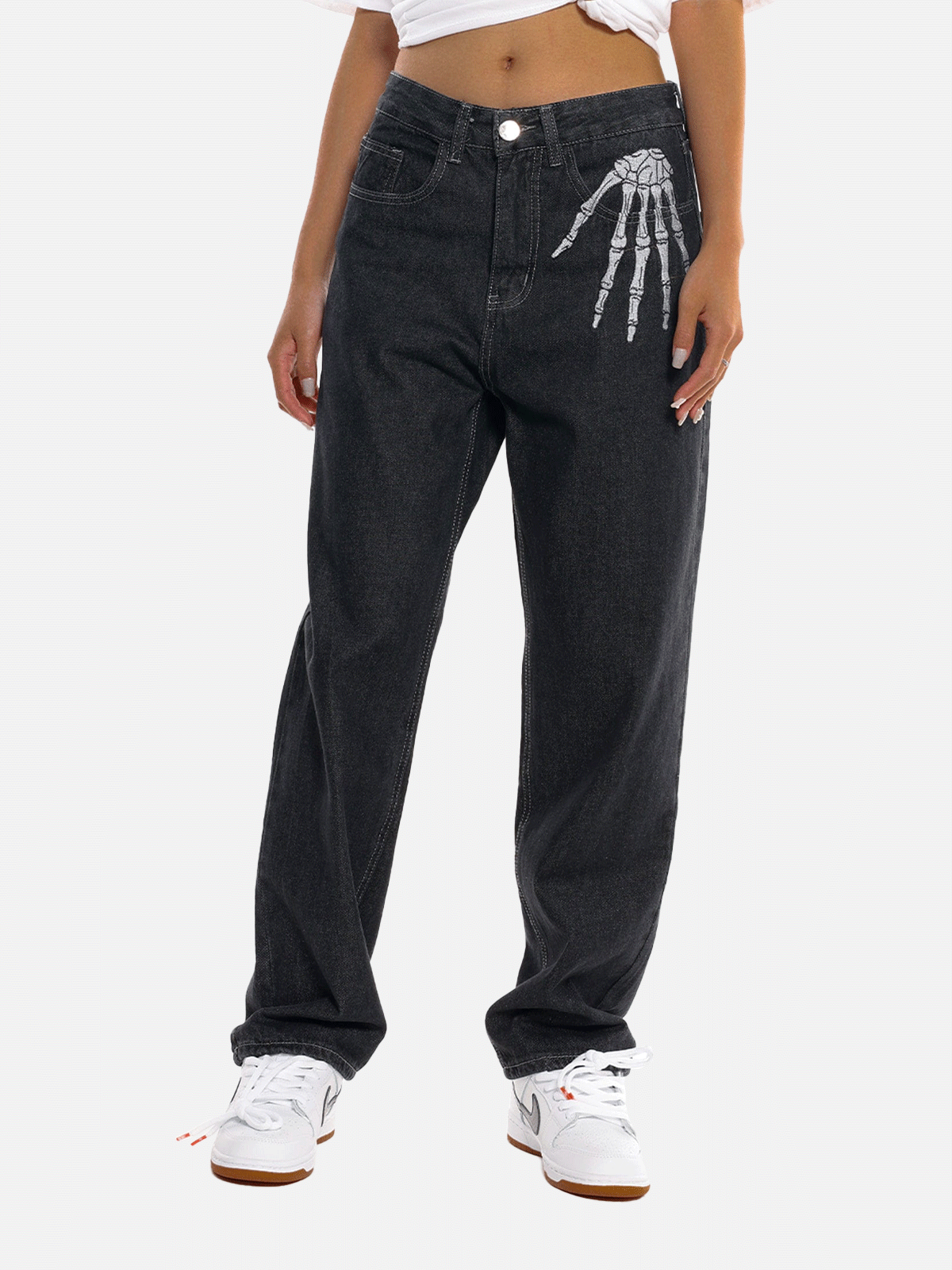 Skull Bone Embroidery Loose Jeans